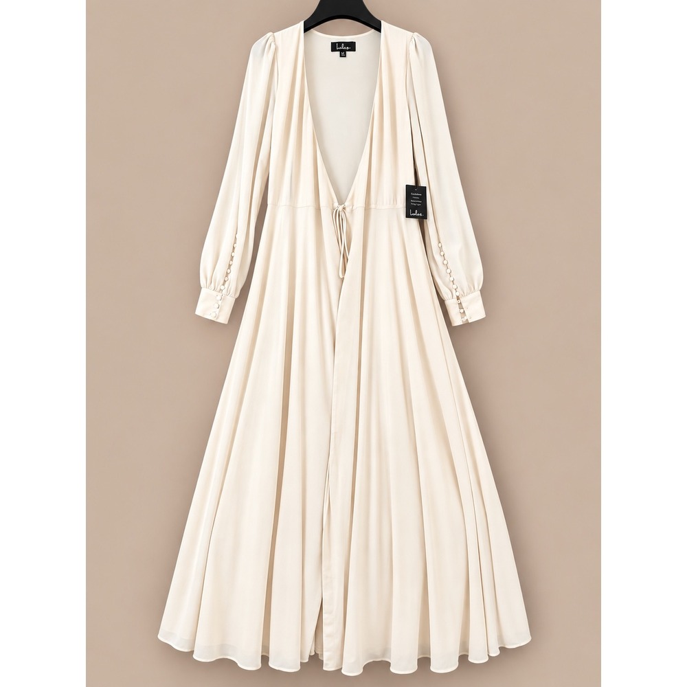 Lulus Cream Tie-Front Long Sleeve Maxi Dress Romantic Ethereal NWT Size S